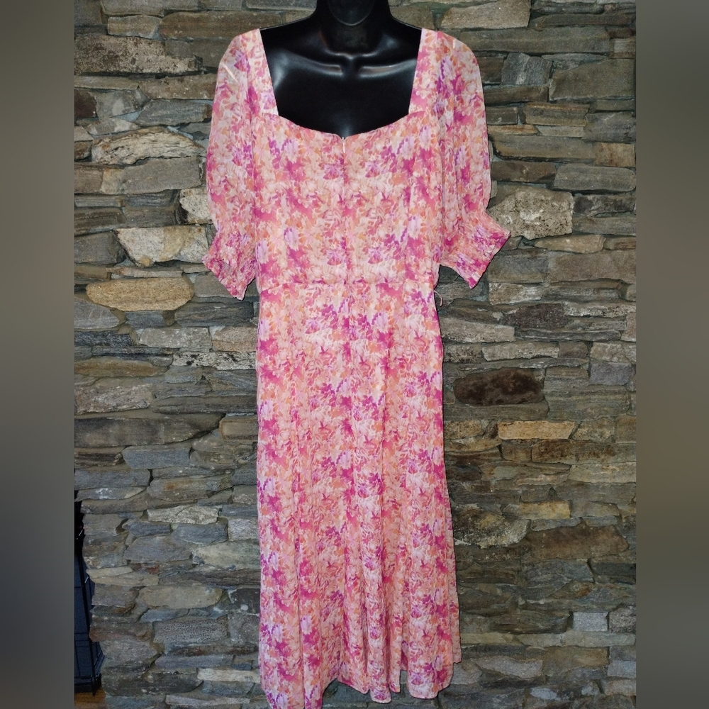 Maison Tara NWOT pink orange chiffon floral dress size 12, lined - Picture 8 of 10